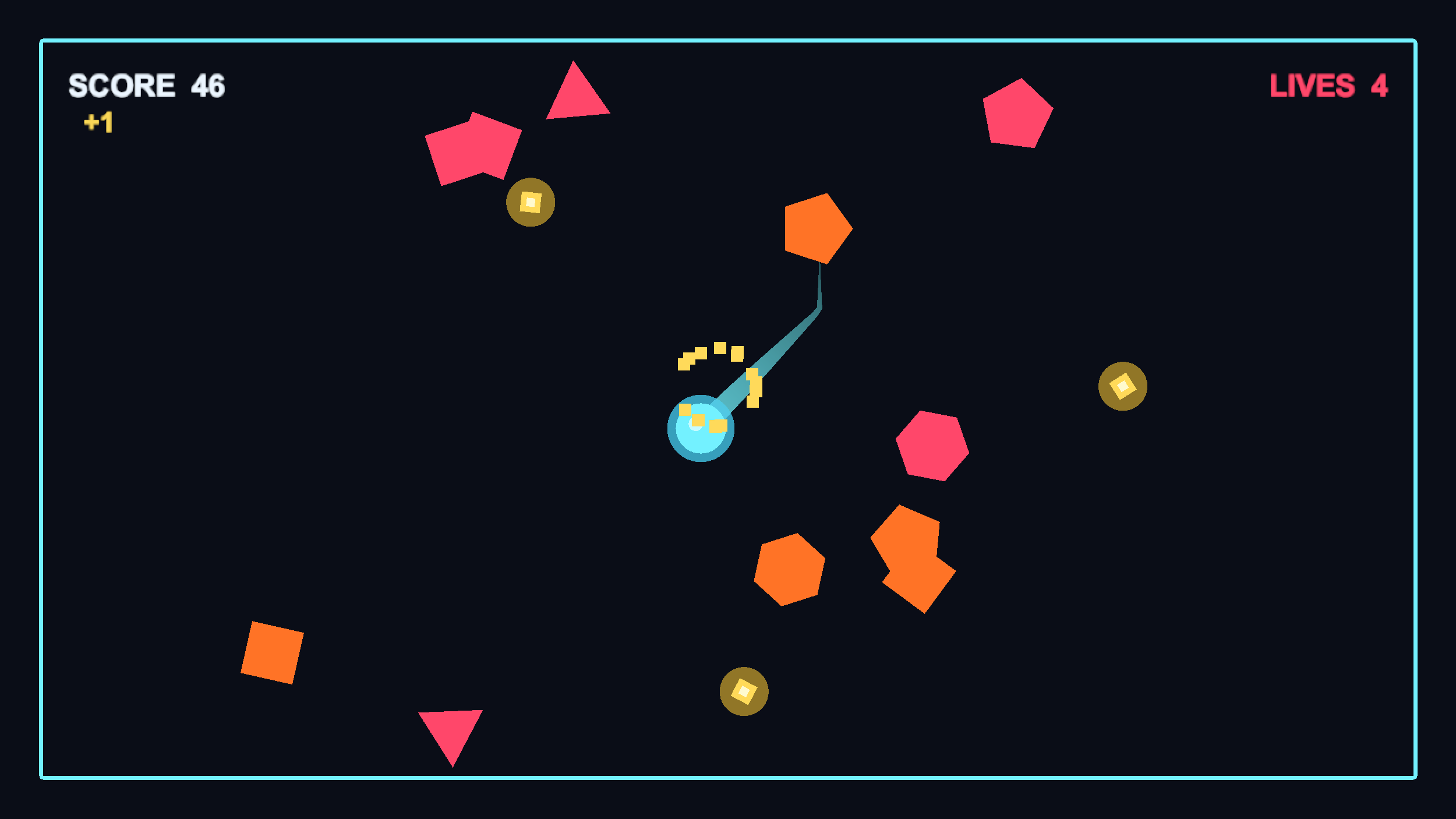 Glyph Dash gameplay showing the player dashing through gems and enemies