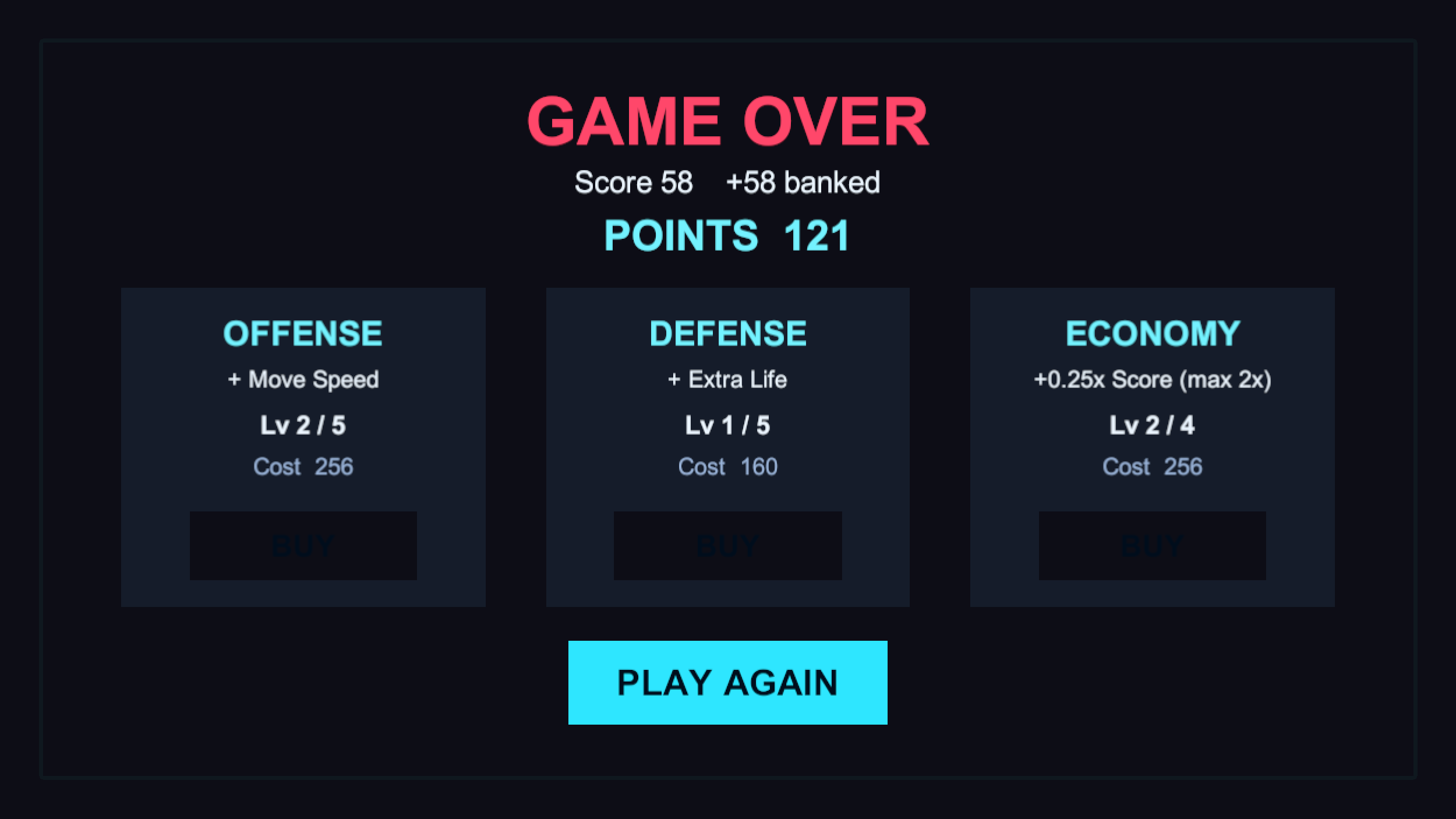 Glyph Dash upgrade screen after a run